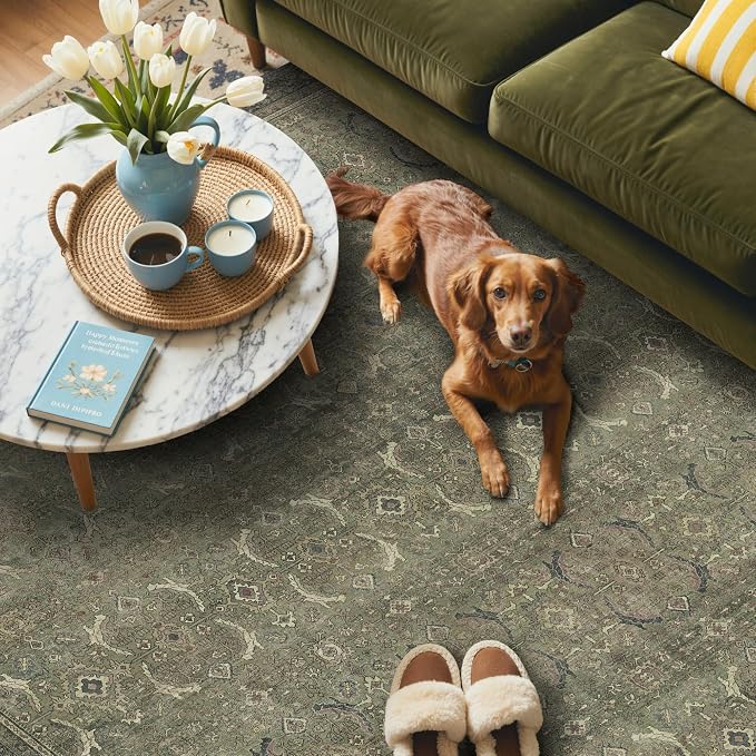 GENIMO 2x3 Area Rugs for Living Room, Machine Washable Non Slip Vintage Rugs, Low Pile Lightweight Chenille Print Rug for Bedroom, Dining Room, Home Office, Muted Green