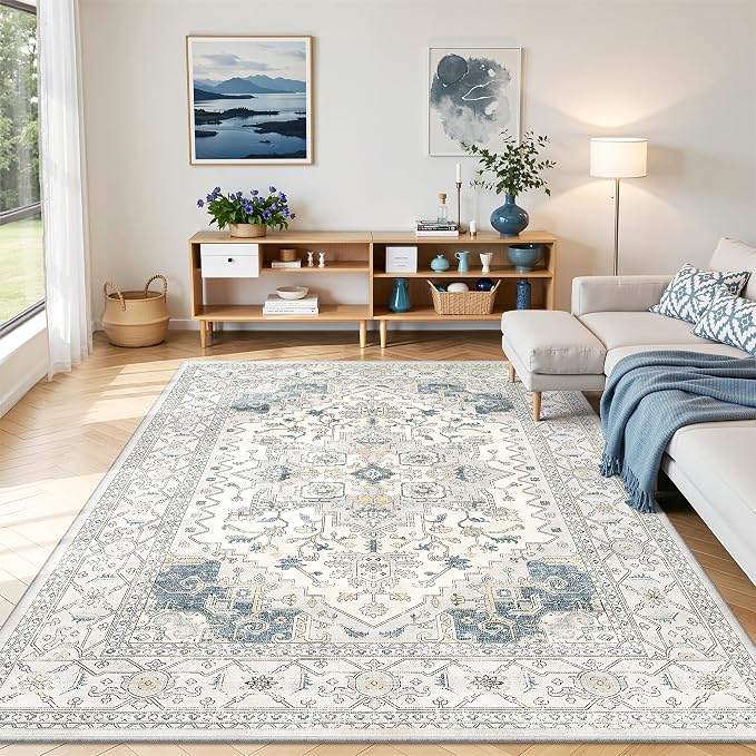 befbee Washable Area Rug 5x7, Area Rugs Stain Resistant Neutral Washable Rugs for Living Rooms Bedroom Vintage Non-Slip Thin Large Size Area Rug（BeigeBlue）