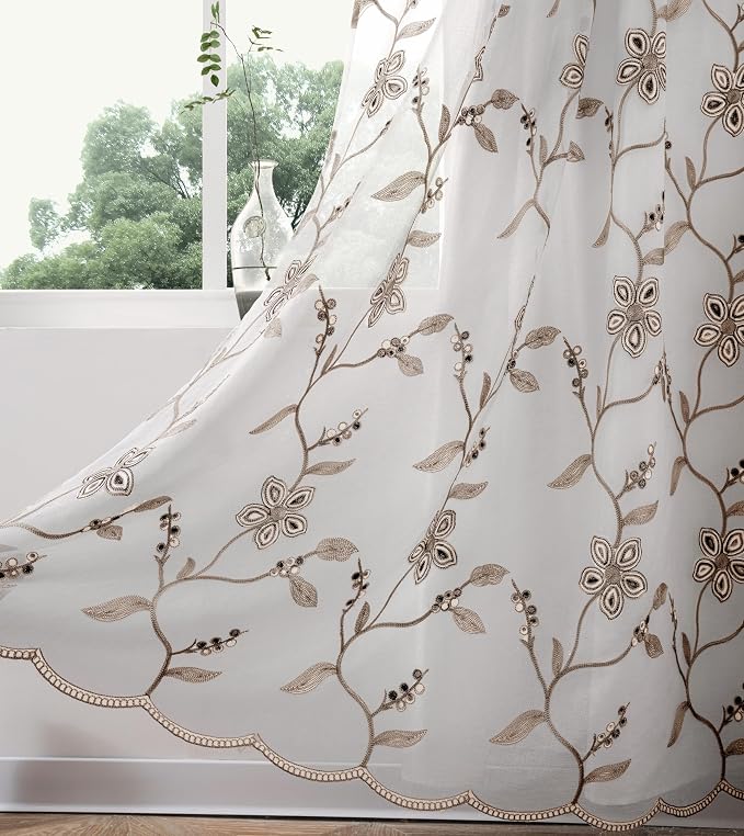 Petrichor Embroidered Sheer Curtain 2 Panels Set - Luxury Window Curtain Attached Valance with Satin Backing and 2 Tie Backs for Living Room,Dining Room, 54x84 inches, Taupe