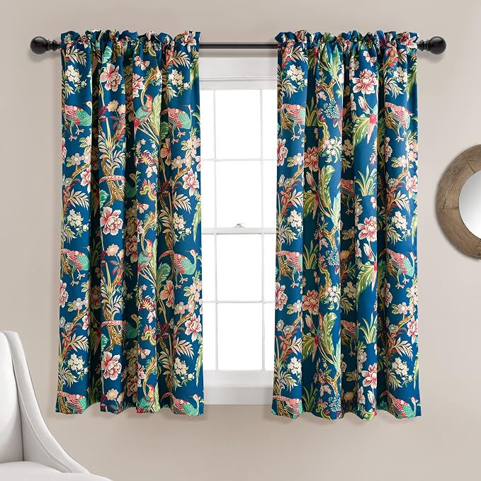 Lush Decor Dolores Light Filtering Window Panels, Pair, 52" W x 63" L, Navy & Multi - Toile Curtains - Floral Bird Print - Grandmillennial & French Country Curtains - Cottage & Maximalist Home Decor