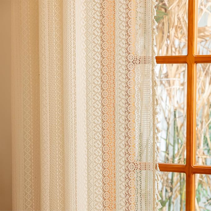 Sutuo Home Beige Boho Lace Curtains 72 inches Long for Nursery Bedroom, Sheer Curtains Privacy Crochet Light Filtering Vintage Tassels Bohemian Window Treatments Geometry Rod Pocket, 2 Panels 50" W