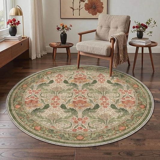 Bavni Round Rug 5FT-Machine Washable Area Rugs Non-Slip for Bedroom, 5x5 Vintage Floral Rug Distressed Throw Carpet for Living Room Nursery Kitchen Bathroom, Sage Green & Burnt Orange