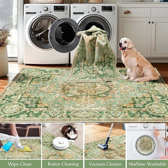 Boho Vintage Floral Area Rug 2x3, Low Pile Non Slip Washable Rug for Entryway Bathroom Bedroom, Small Decorative Carpet, Sage Green
