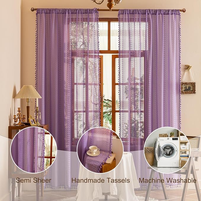 Sutuo Home Lavendar Boho Lace Curtains 96 inches 2 Panels Long for Living Room Dining Room, Semi Sheer Curtains Farmhouse Privacy Crochet Vintage Tassels Rustic Bohemian Style Rod Pocket Decor, 50" W