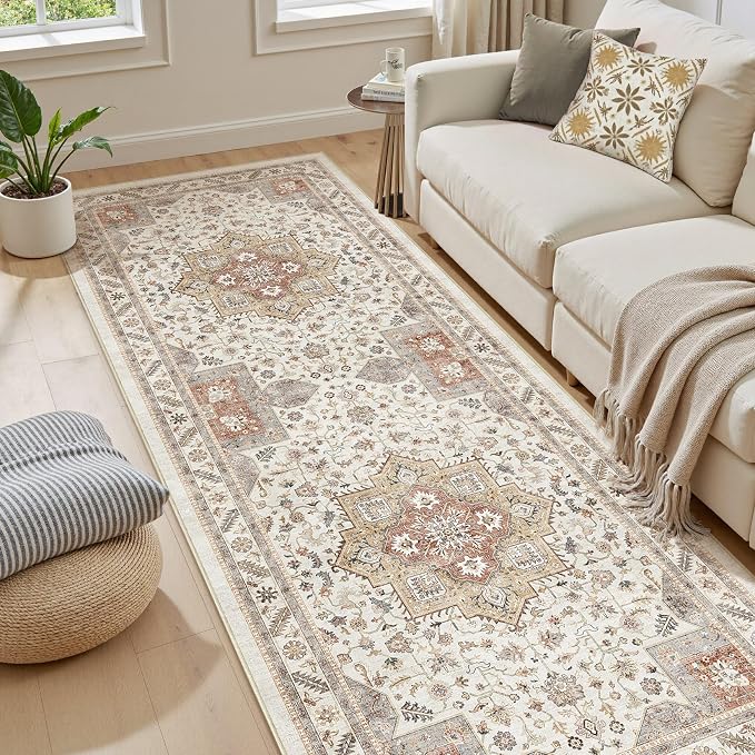 Vintage Hallway Runner Rug 3x10: Large Soft Washable Entryway for Kitchen Laundry Room Non-Slip Backing Runner for Entrance Living Room Bedroom Bathroom - Orange