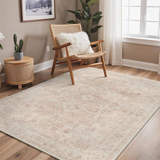GENIMO 5x7 Area Rugs for Living Room, Machine Washable Rug, Non Slip Indoor Vintage Rug, Low Pile Lightweight Chenille Print Carpet for Bedroom Dining Room Home Office, Light Pink