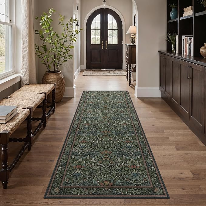 GENIMO 2.5x7 Washable Runner Rug, Non Slip Entryway Mat, Dark Green | Vintage Boho Floral Low Pile Thin Mat for Entryway, Kitchen, Bedroom, Indoor Decor