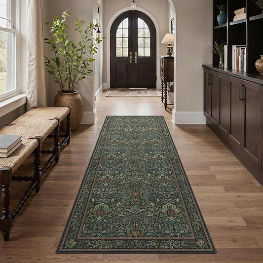 GENIMO 2.5x8 Washable Hallway Runner Rug, Non Slip, Dark Green | Vintage Boho Floral Low Pile Thin Mat for Entryway, Kitchen, Bedroom, Indoor Decor