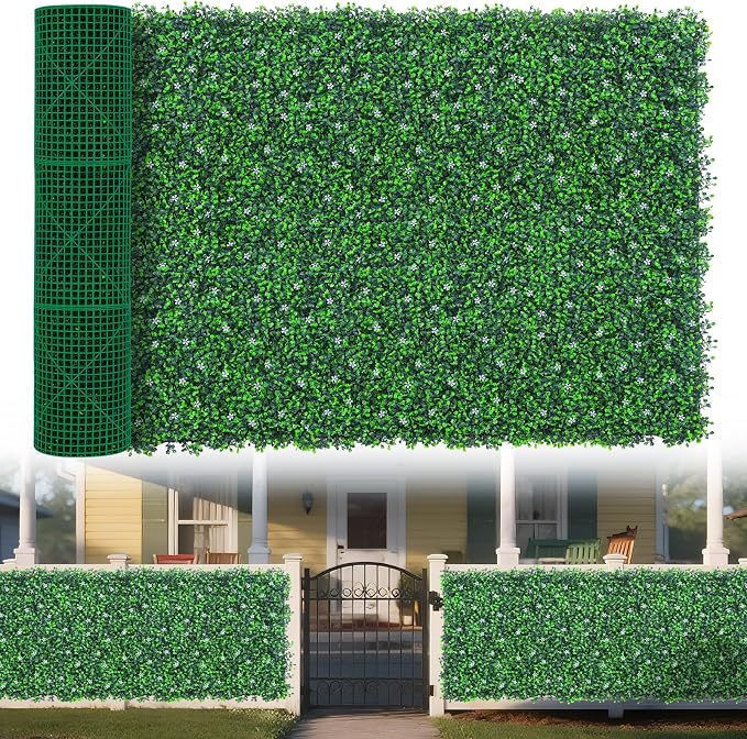 Yangrass Boxwood Roll Panels with Flowers, 48"x140" (47 sqft) Artificial Ivy Privacy Fence Screen, UV-Anti Faux Boxwood Roll Grass Wall Panels for Patio Garden Balcony Decor