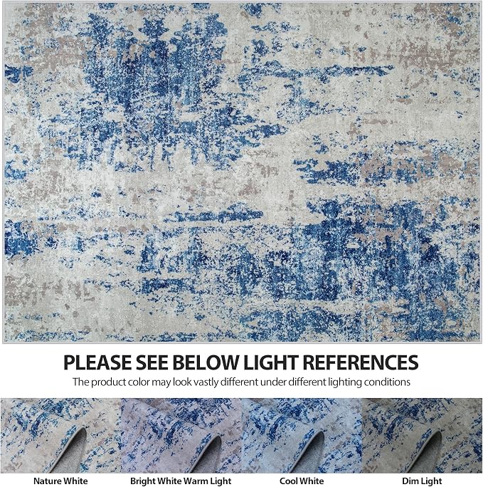 10x14 Area Rugs for Living Room Rug Washable: Abstract Large Rug Indoor Modern Carpet Non Slip for Dining Room Bedroom Nursery Home Office Blue Grey White