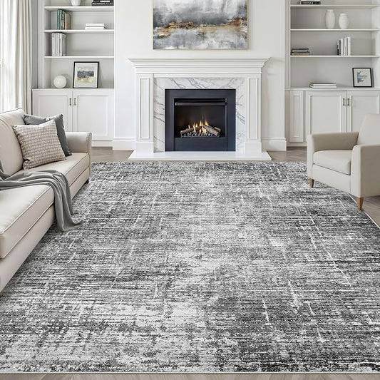 9x12 Area Rug Living Room: Washable Large Neutral Black Rug Abstract Soft Modern Stain Resistant Indoor Floor Non-Slip Carpet for Bedroom Nursery Kids Office Playroom Dining Room Under Table Home