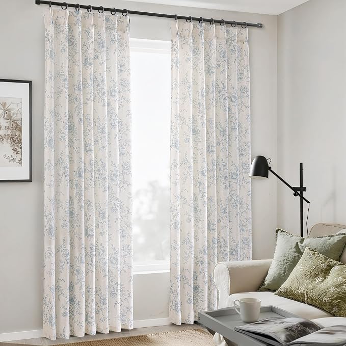 Pinch Pleated Floral Linen Curtains 96 inch Long Blue and Cream Memory Trained Curtain Light Filtering Living Room Farmhouse Flower Pattern Printed Pinch Pleat Drapes with Hooks 2 Panels 40“W x 96"L