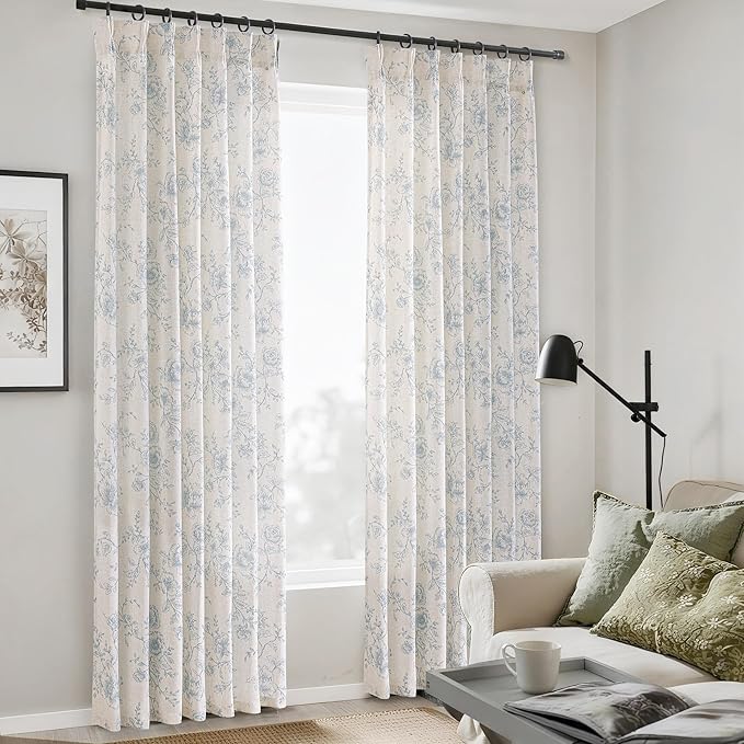 Pinch Pleat Floral Linen Curtains 102 inch Long Blue and Cream Memory Trained Curtain Light Filtering Living Room Farmhouse Flower Pattern Printed Pleated Drapes with Hooks 2 Panels 40“W x 102"L