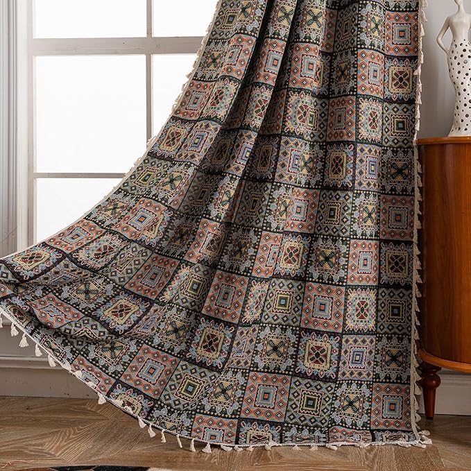 ENJOYBRIDAL Patchwork 63 Inch Curtains for Bedroom Living Room Drapes Jacquard Bohemian Semi Sheer Short Window Curtains 2 Panel Sets Vintage Geometric Black Rod Pocket Boho Window Treatments