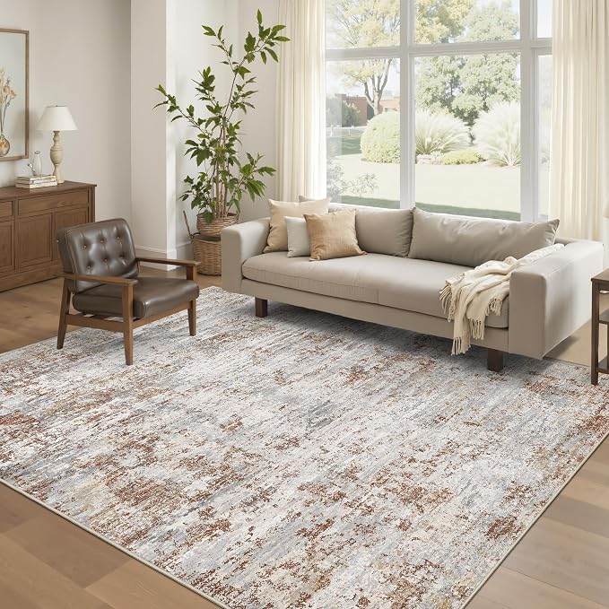 Art&Tuft Washable Rugs 5x7 - Stain Resistant Anti-Slip Backing Abstract 5x7 Area Rugs for Living Room, Foldable Machine Washable Area Rug(5'x7', Rust)