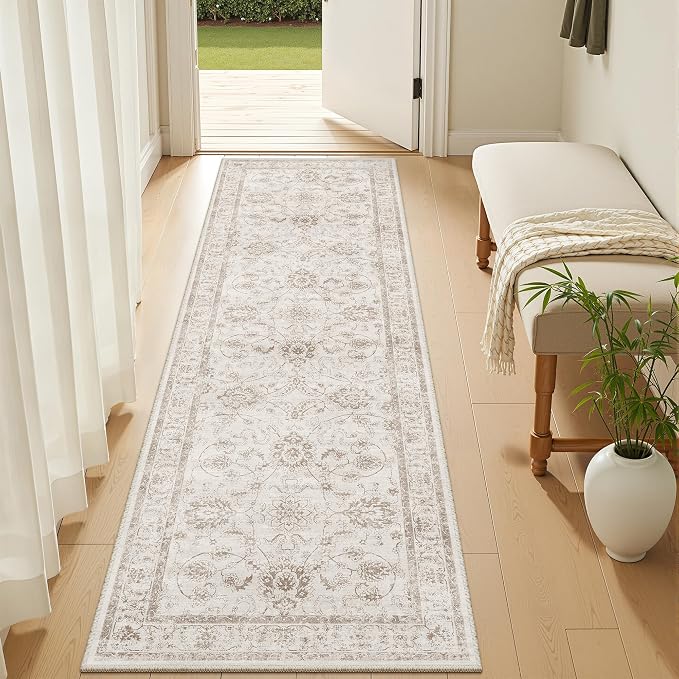 Madane Washable Runner Rug 2x5 with Non-Slip Rubber Backing, Vintage Kitchen Hallway Rug Soft Low Pile Throw Carpet Runner for Entryway Laundry Bathroom Bedroom Living Room (2 x 5, Brown/Ivory)