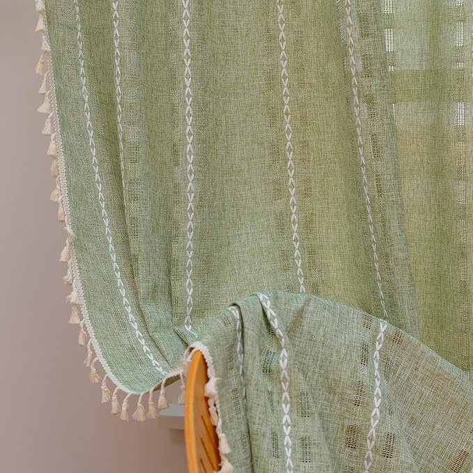 Deeprove Boho Curtain 72 inch Length for Bedroom Living Room, Bohemian Grass Sheer 72 inches Long Stripe Embroidery Privacy Window Tassel Christmas Easter Spring Decor W52 x L72, 1 Panel Sage Green