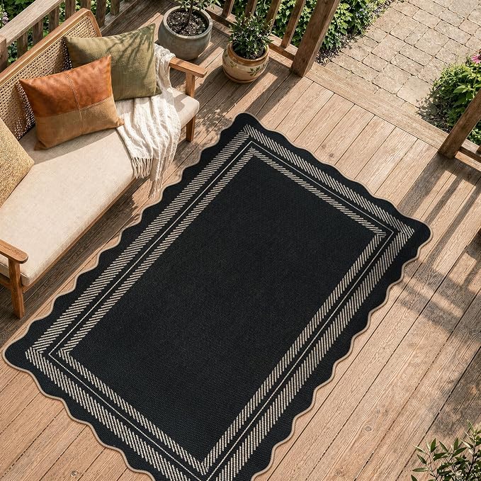 LIVEBOX Scalloped Washable 3x5 Outdoor Rug, Black Easy Jute Rug for Entryway Kitchen, Indoor Non Slip Patio Rugs Farmhouse Neutral Carpet for Bedroom Living Room Backyard Front Door Mat Porch Decor