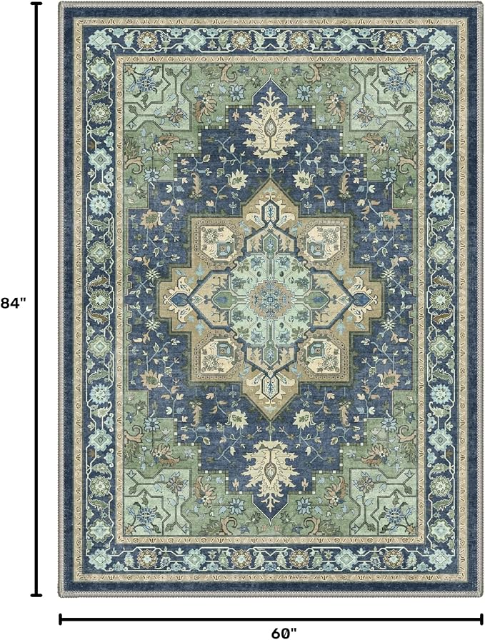 GENIMO 5x7 Area Rugs for Living Room, Machine Washable Rug, Non Slip Indoor Vintage Carpet, Low Pile Lightweight Print Carpet for Bedroom Dining Room Home Office, Green & Navy