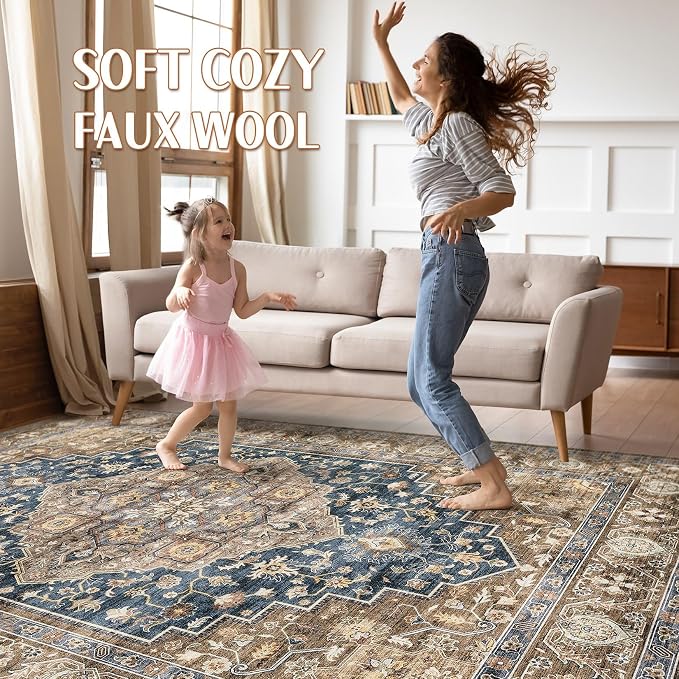 10x12 Area Rug Living Room: Washable Boho Large Neutral Vintage Soft Rugs Stain Resistant Farmhouse Non-Slip Indoor Floor Carpet for Bedroom Nursery Kids Office Dining Room Playroom- Yellow Blue