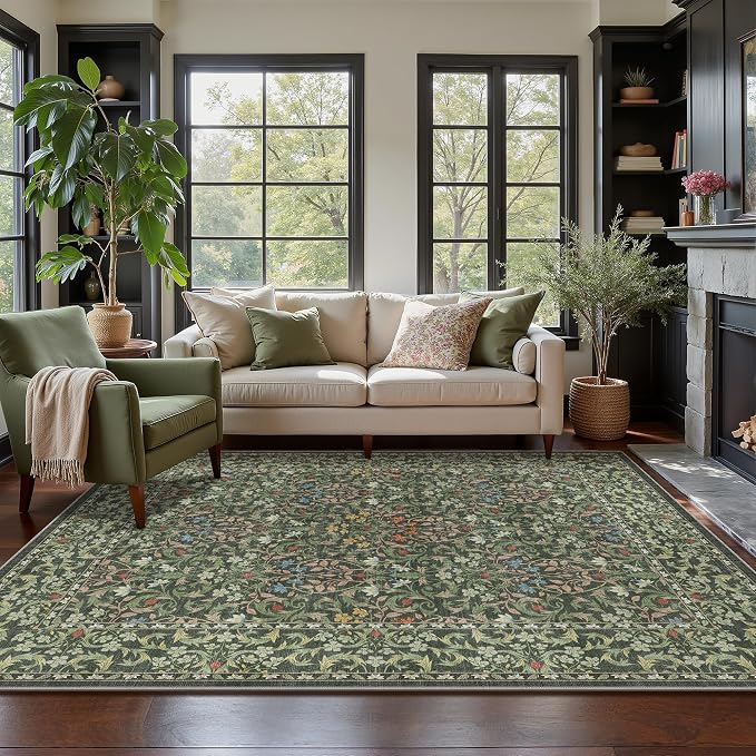 GENIMO 9x12 Washable Area Rug for Living Room, Non Slip, Emerald Green | Vintage Boho Floral Low Pile Thin Carpet for Bedroom, Dining Room, Nursery, Indoor Decor