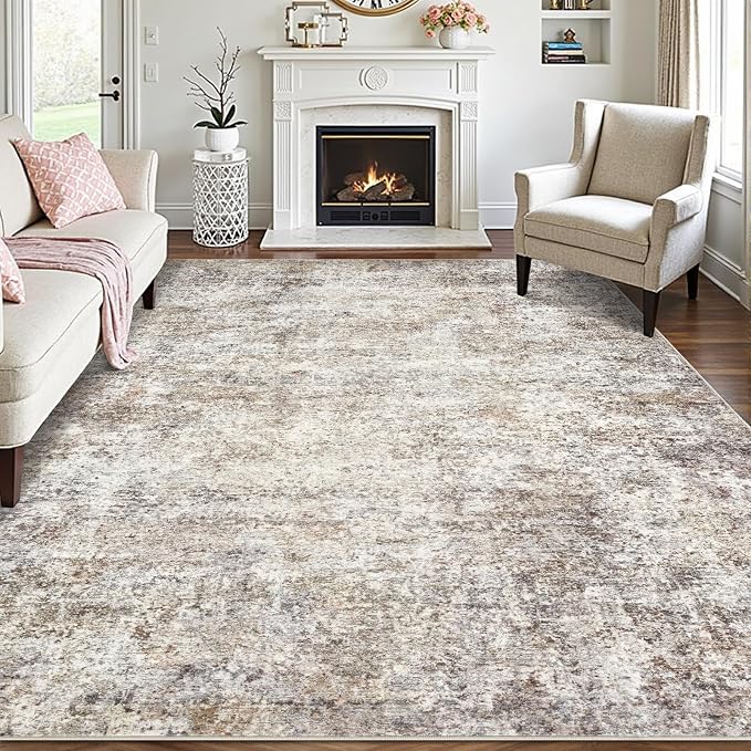 LOVORAL Area Rugs for Living Room: 9x12 Washable Neutral Abstract Rug for Bedroom Large Soft Modern Dining Room Rugs Indoor Floor Low Pile Carpet for Home Office Nursery - Brown Grey