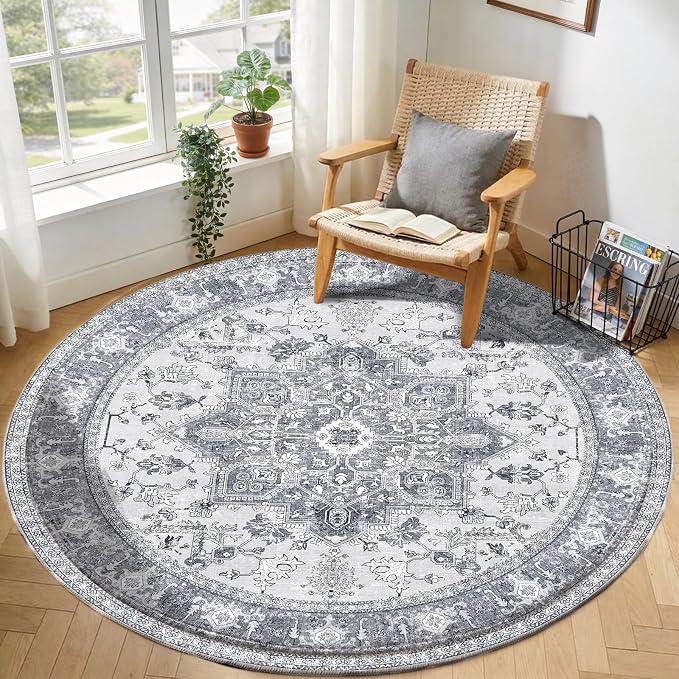 OPPODREAM Soft Round Rug 4ft, Play Room Rug, Washable Circle Rug 4ft with Non Slip Backing, Small Low-Pile Area Rugs 4 ft, Faux Cashmere Throw Carpet, Grey