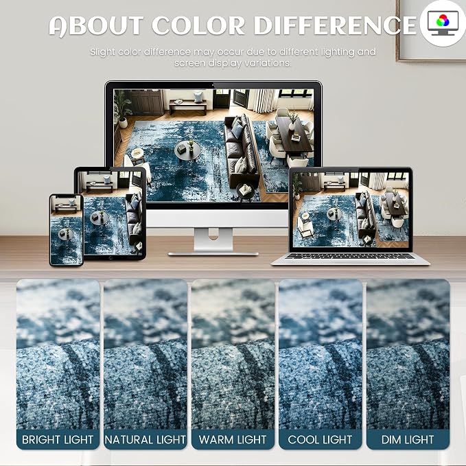 8x10 Rugs for Living Room - Modern Abstract Washable Rug, Ultra Soft Non Slip Low Pile Large Rugs, Floor Carpet for Bedroom Dining Room Office Laundry Nursery Home（Ocean Blue）