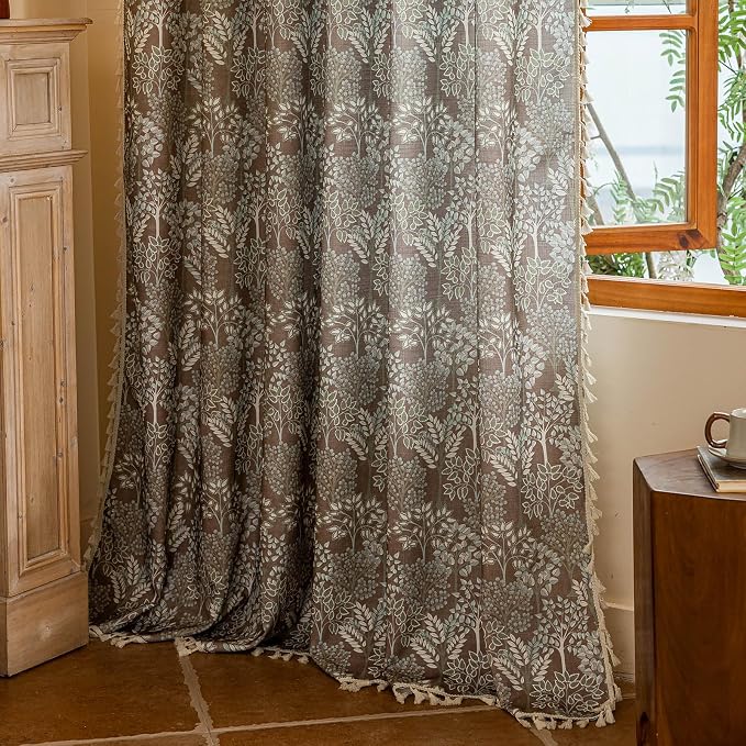 OYX Boho Floral Curtains 84 Inch Length 2 Panels, Linen Farmhouse Curtains Light Filtering Drapes with Tassels for Bedroom Living Room, Vintage Rustic Printed Rod Pocket