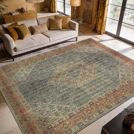 Keen Home Design 8x10 Rug - Machine Washable Area Rug with Non-Slip Backing, Ideal for Living Room, Dining Room, Bedroom - Vintage, Easy Clean, Durable, Low Pile Rug - (8' x 10')