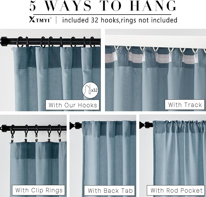 XTMYI Stone Blue Curtains 90 Inches Long for Living Room,Light Filtering Country Vintage Hooks Pleated Back Tab Semi Sheer Linen Curtains for Bedroom 2 Panels Set,Dusty Blue