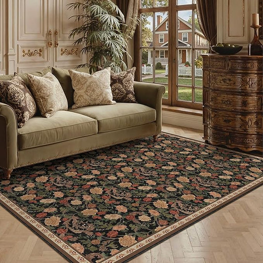 HUGEAR Retro Area Rugs 3x5 Washable Living Room Bedroom Rugs Vintage Floral Throw Carpet Black Brown Stain Resistant Non Slip Low Pile for Home Aesthetic Modern Decor