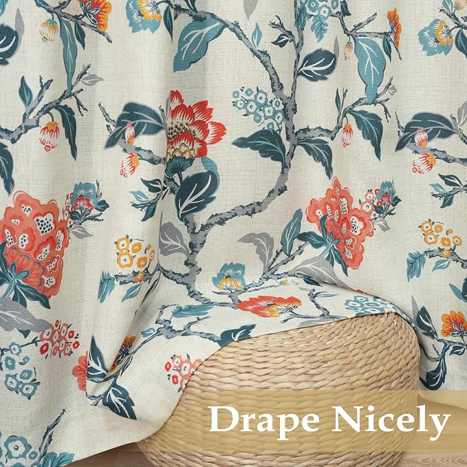 DriftAway Ada Floral Botanical Print Flower Leaf Lined Thermal Insulated Room Darkening Blackout Window Curtains 2 Layers Set of 2 Panels Each 52 Inch by 84 Inch Orange Teal Beige Linen