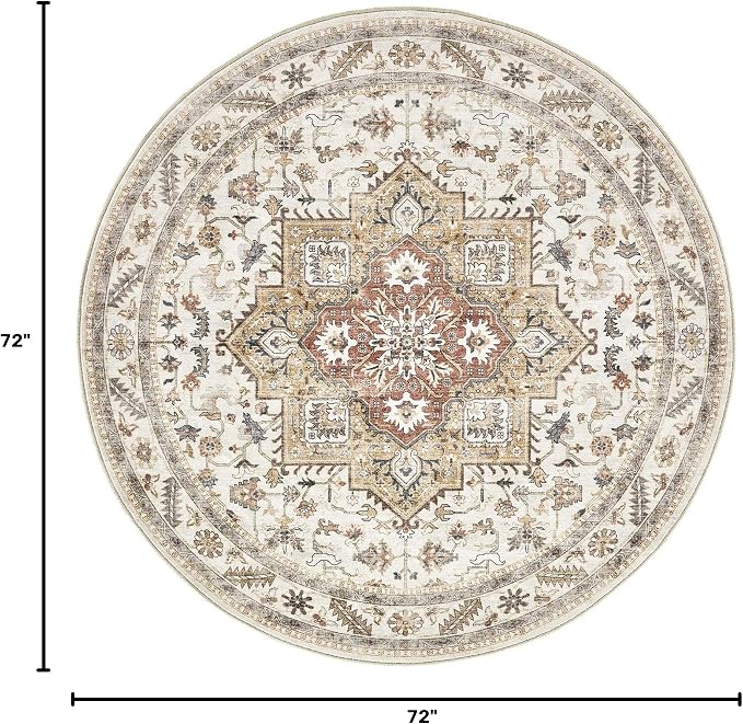 6ft Round Vintage Living Room Area Rug - 6x6 Large Soft Washable Oriental Traditional Distressed Farmhouse Rugs for Bedroom - Indoor Floor Accent Carpet for Home Office House Decor - Golden Taupe