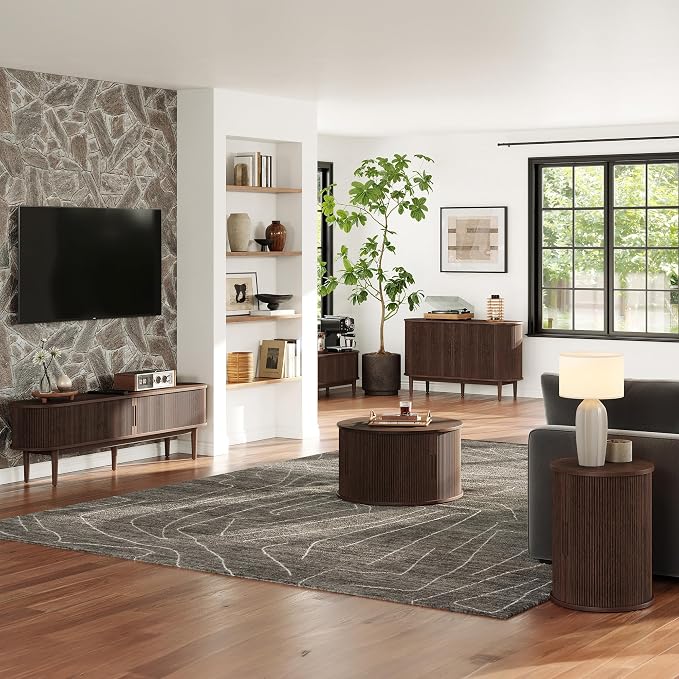 LINSY HOME Round Fluted End Table, Tall Side Table with Sliding Tambour Door and Storage Shelf, Modern Bedside Table, Mid-Century Nightstand for Living Room, Bedroom, Dark Walnut
