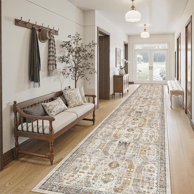 Madane Hallway Runner Rug 2'6''x14' Kitchen Runners Vintage, Brown/Gold | Long Non-Slip Washable Rugs 14ft for Entryway Laundry and Bedroom, Stain-Resistant Low-Pile 2.5x14 Ft Floor Carpet