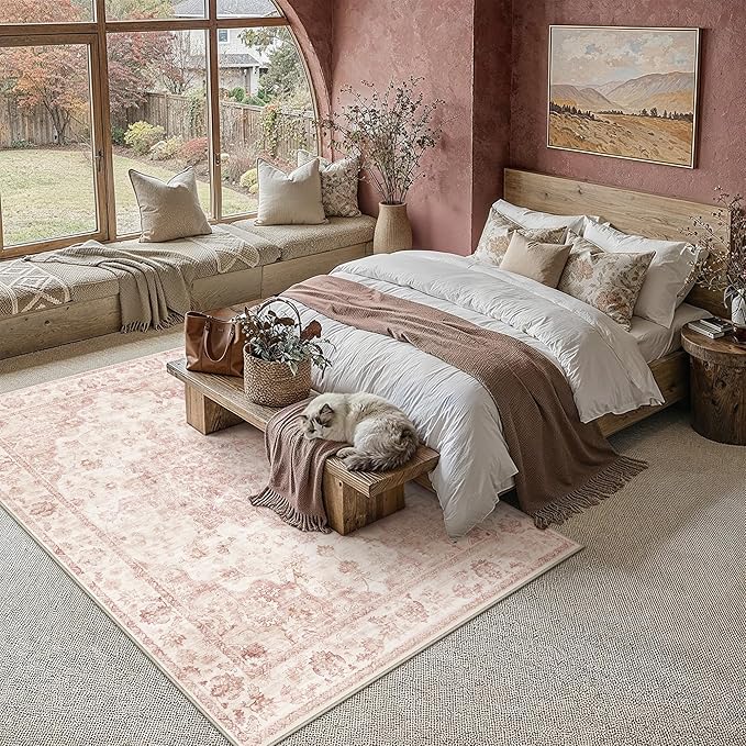 6x9 Washable Neutral Area Rug Pink Vintage Living Room Bedroom Carpet Non-Slip Soft Low Pile Farmhouse Indoor Throw Rug for Dining Room Entryway Office