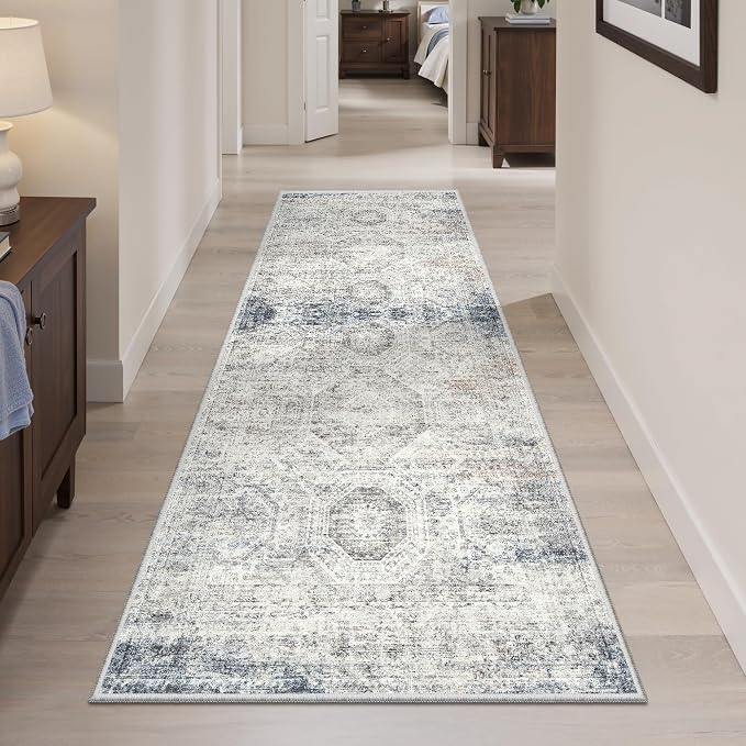 Soalmost Runner Rug 2x5 Washable Non-Slip Kitchen Runner Rugs for Bathroom Laundry Room Blue Ivory Vintage Floor Carpet Runners for Hallway Entryway
