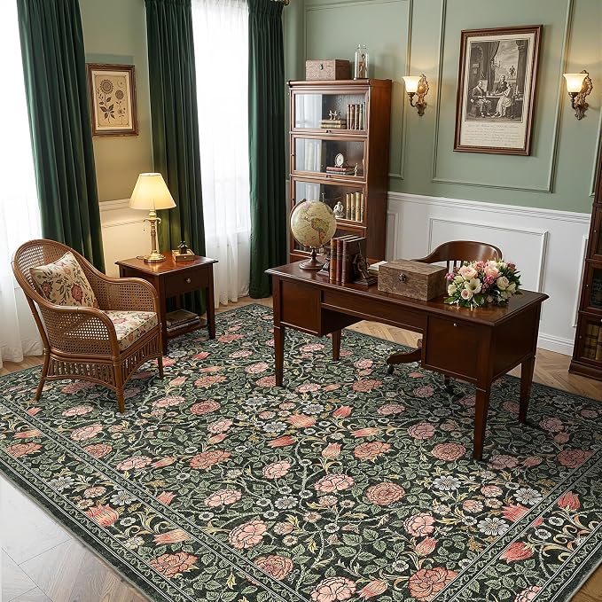 GarveeHome Dark Green Vintage Floral Washable 5x7 Area Rugs for Living Room Boho Botanical Retro Rug Low Pile Stain Resistance Non Slip Carpet for Bedroom Nursery Dining Room