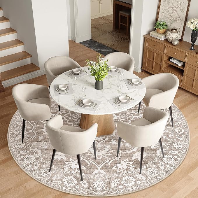 Soalmost Washable Round Rug 8ft for Living Room,Soft Circle Rug Light Brown | Vintage Floral Ultra-Thin Non-Slip 8x8 Round Throw Carpet for Nursery Bedroom Kitchen Dining Room 8'Round