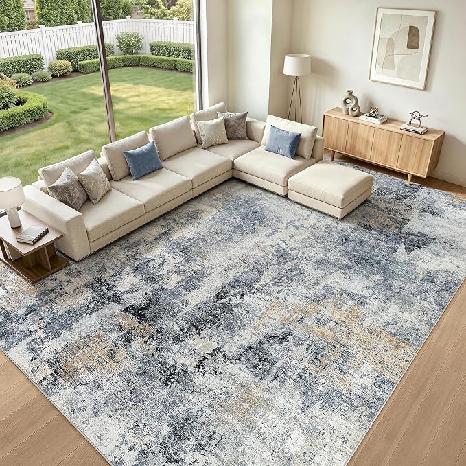 WITSHOCK Area Rugs 12x15 Living Room Rug - Washable Neutral Soft Low Pile Non-Slip Modern Abstract Thin Large Indoor Carpet for Bedroom Dining Room Nursery Office - Dark Blue Brown
