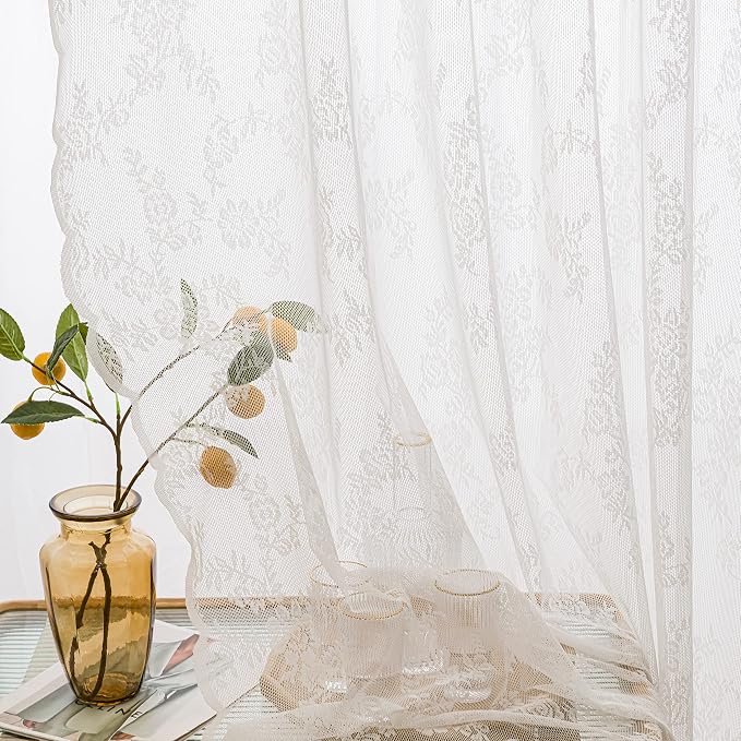 Sutuo Home Lace Curtains 2 Panels Set, White Sheer 96 Inch Long Window Floral Vintage Voile Window Panel Treatment for Bedroom/Living Room/Kitchen, Decor Rod Pocket W57 x L96