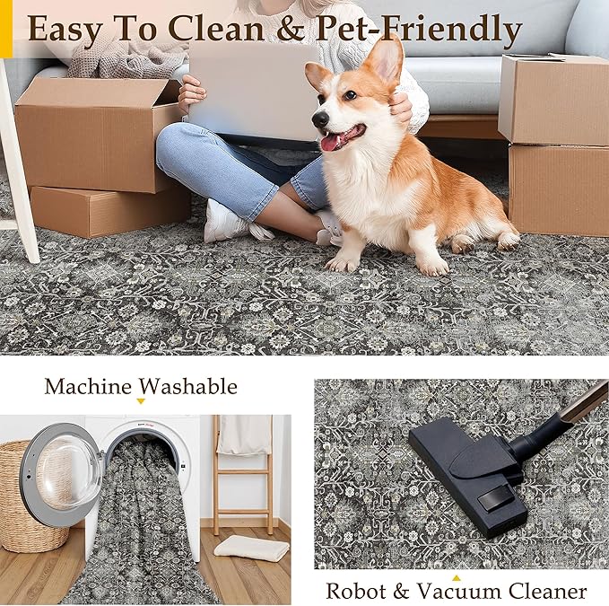 PureCozy Vintage Area Rug 8x10 Black Washable Living Room Large Carpet Non Slip Bedroom Indoor Office Low Pile Traditional Distressed Retro Accent Rug for Dining Room