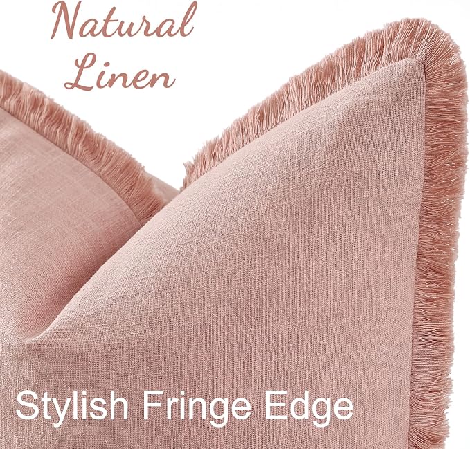 decorUhome Linen Fringe Lumbar Throw Pillow Covers Set of 2 Decorative Pink Pillow Covers with Tassels Soft Accent Boho Farmhouse Pillow Cases for Couch Bed Sofa 12x20 Inch