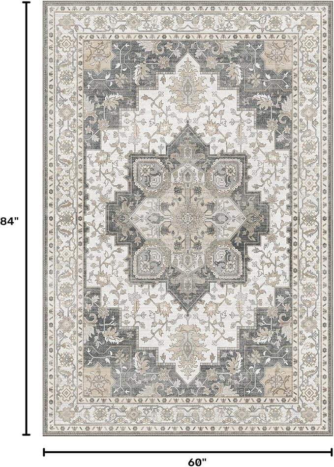 GENIMO 5x7 Area Rugs for Living Room, Machine Washable Non Slip Vintage Rugs, Low Pile Lightweight Print Rug for Bedroom, Dining Room, Home Office, Heathered Grey