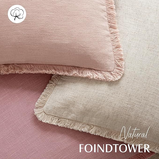 Foindtower Set of 2 Decorative Linen Fringe Lumbar Throw Pillow Covers Boho Farmhouse Cushion Cover with Tassels Soft Accent Pillowcase for Couch Sofa Bed Living Room Home Decor,12×20 Inch,Rose Pink