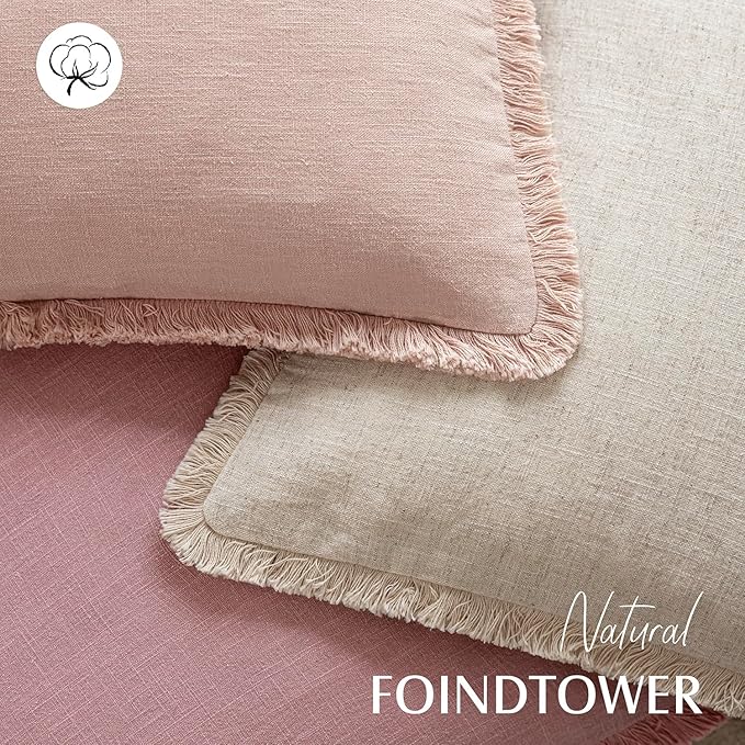 Foindtower Set of 2 Decorative Linen Fringe Throw Pillow Covers Cozy Boho Farmhouse Cushion Cover with Tassels Soft Accent Pillowcase for Couch Sofa Bed Living Room Home Decor,24×24 Inch,Rose Pink