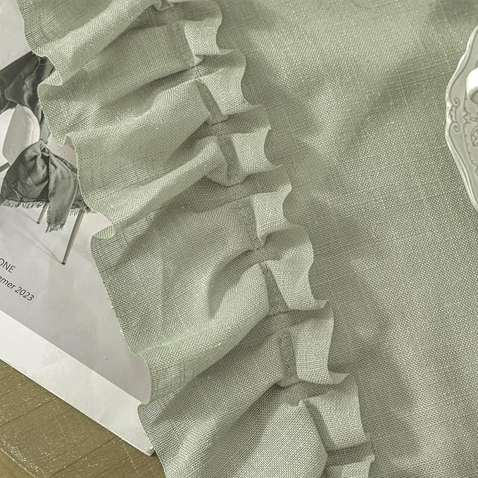 Light Sage Green Farmhouse Curtains for Bedroom, 2 Panels W47 x L72 Inch Light Filtering Semi-Sheer Linen Textured Ruffled Curtains Rod Pocket Shabby Chic French Country Vintage Privacy Window Drapes