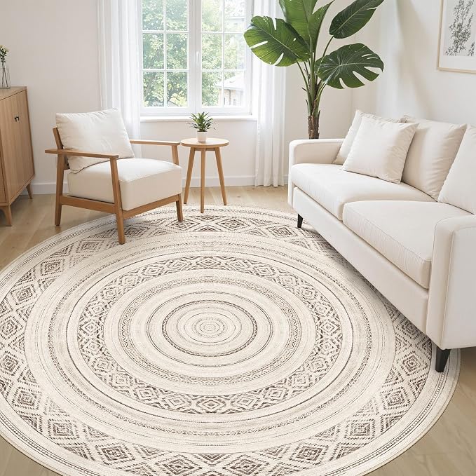 cotiled 8x8 Round Area Rugs Living Room Rug: Washable Boho Rugs with Non Slip Backing Large Soft Indoor Stain Resistant Carpet for Bedroom Farmhouse Dining Room Lightweight Home Decor Dark Brown