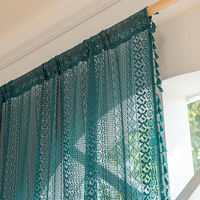 Sutuo Home Boho Curtains 84 inches Long for Bedroom Living Room, Crochet Lace Sheer Bohemian Hollow Knitted with Tassels,Window Treatment Drapes, Rod Pocket 1 Panel 59" W x 84" L, Turquoise